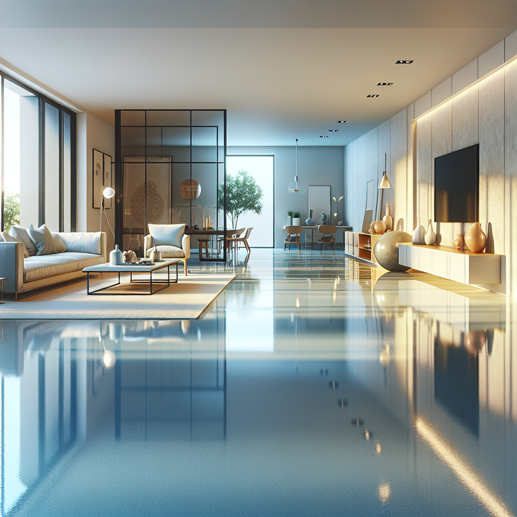 A stylish interior showcasing a seamless, glossy epoxy floor in a modern living space.