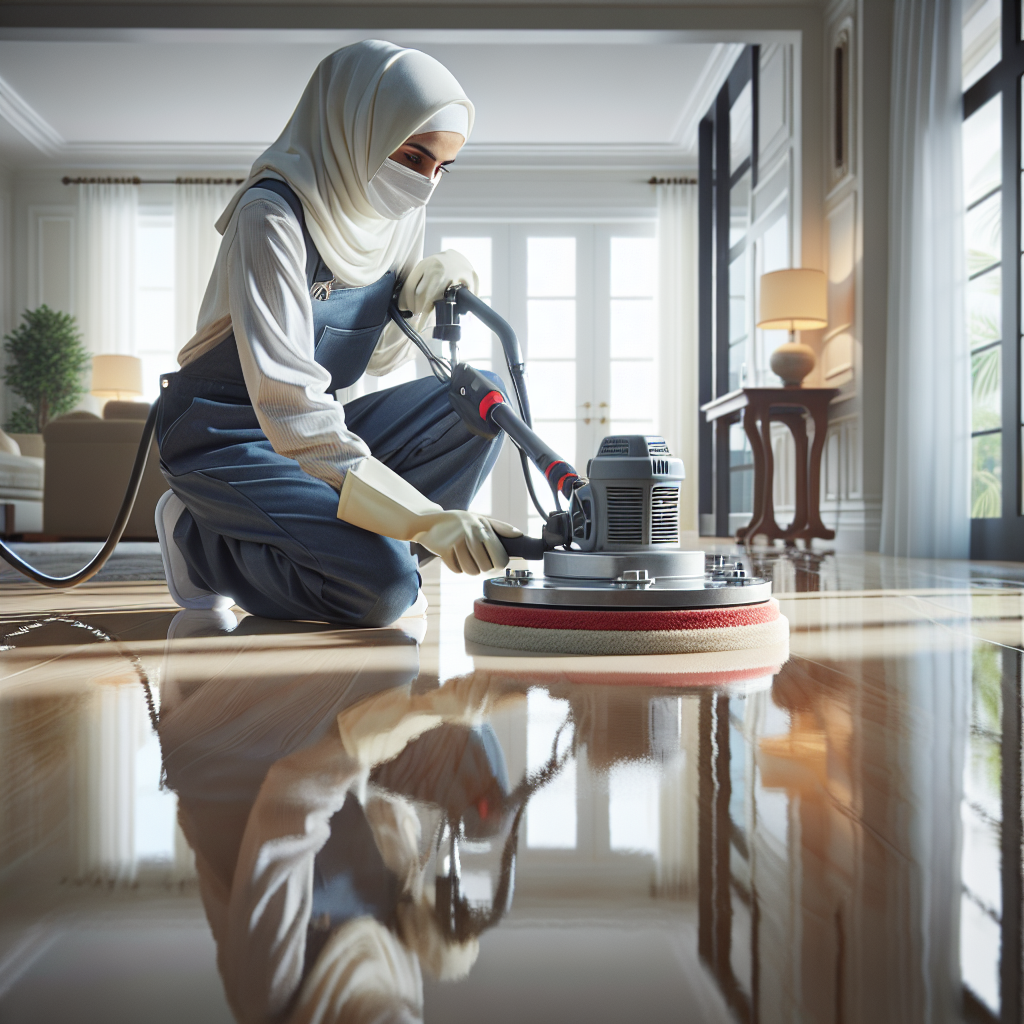 A professional floor polishing specialist meticulously polishing a high-gloss residential floor.