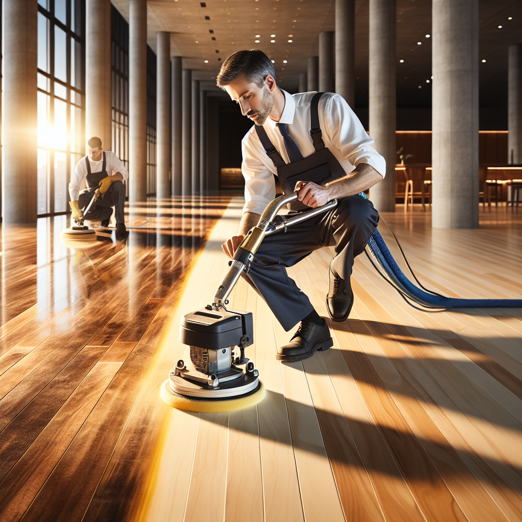 A B&B floor polishing specialist using equipment to polish a wooden floor in a modern room.