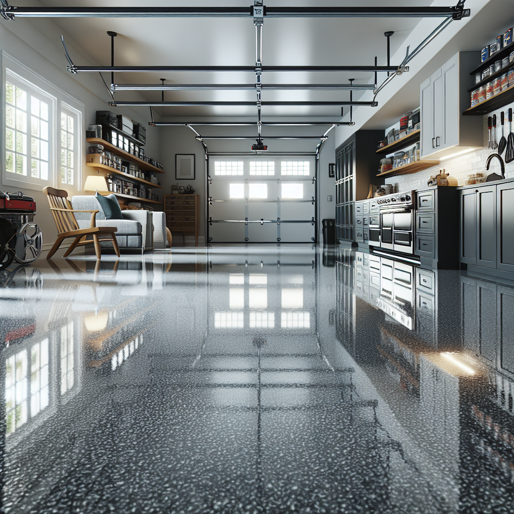 Realistic image of an epoxy garage floor with a high-gloss finish.