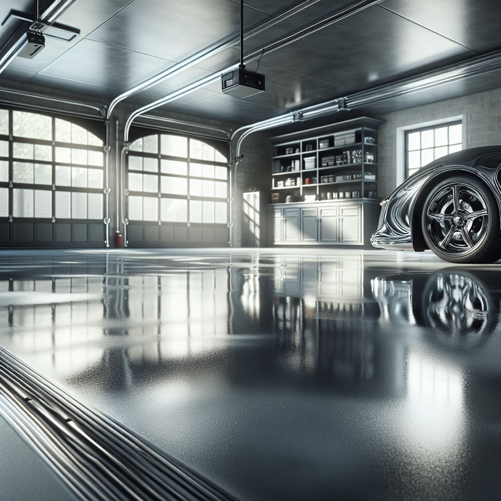 A new epoxy garage floor with a high-gloss finish and metallic gray color.