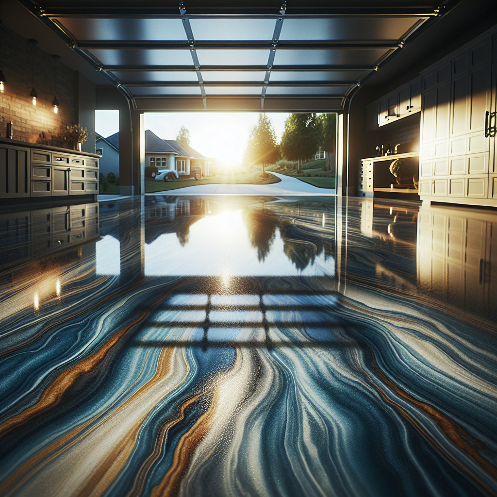 A high-gloss epoxy garage floor with a colorful custom pattern, reflecting natural light.