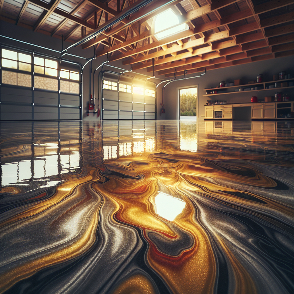 Realistic image of a high-gloss epoxy garage floor with vibrant colors.