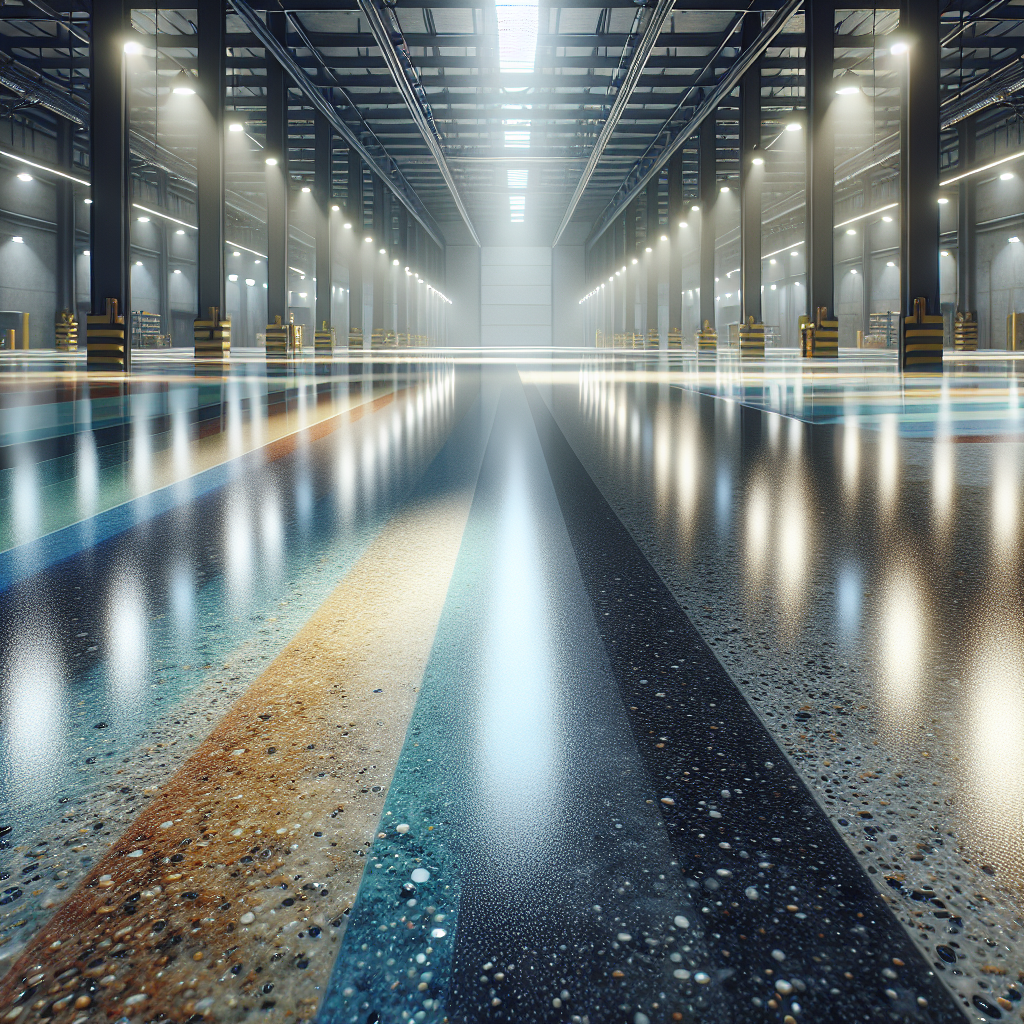 A realistic depiction of an epoxy floor with a shiny top coat in a high-traffic area.