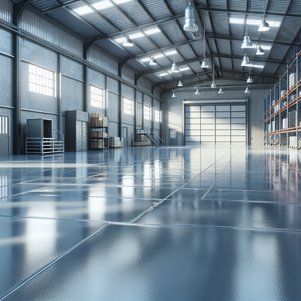 Realistic image of a glossy epoxy-coated floor in a large industrial space, showcasing its polished and durable finish.