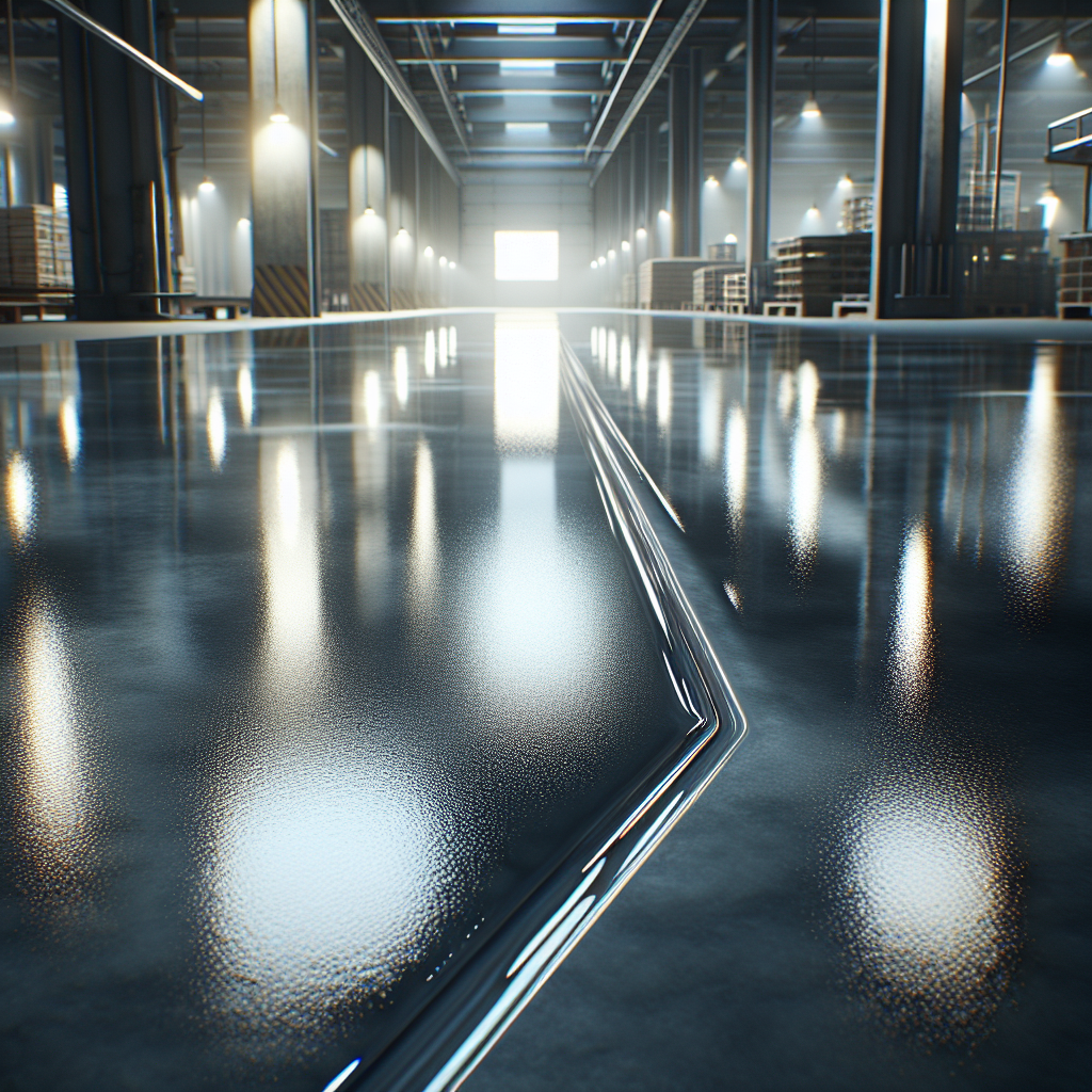 A realistic image of an epoxy floor with a glossy top coat in an industrial setting.