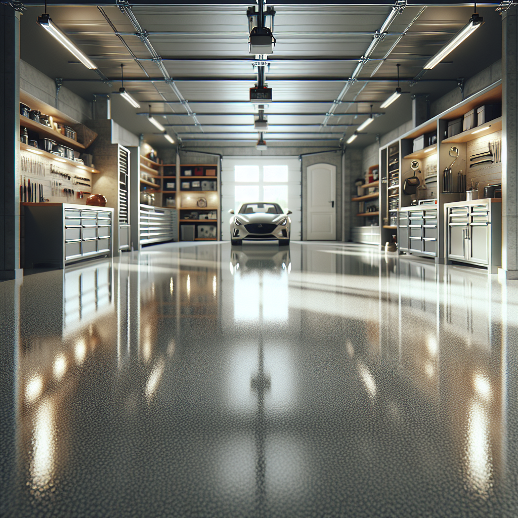 A garage with polished, durable floor coatings, showcasing a neat and reflective surface.