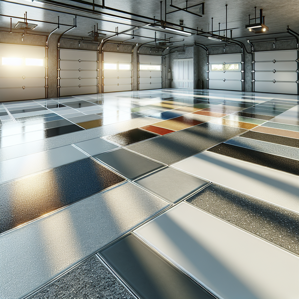 Image of a modern garage floor with various types of floor coatings, shiny and pristine.