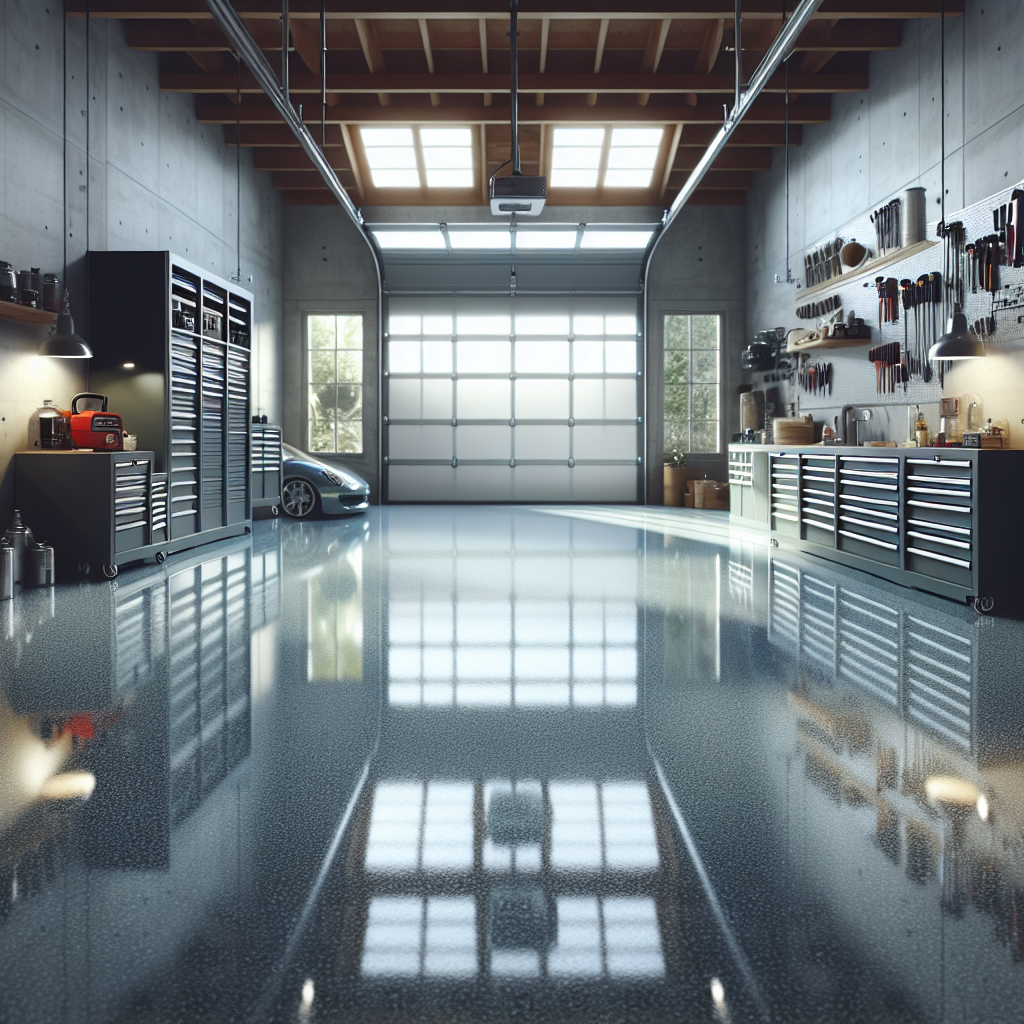 A shiny, flawless epoxy garage floor in a well-organized garage setting.