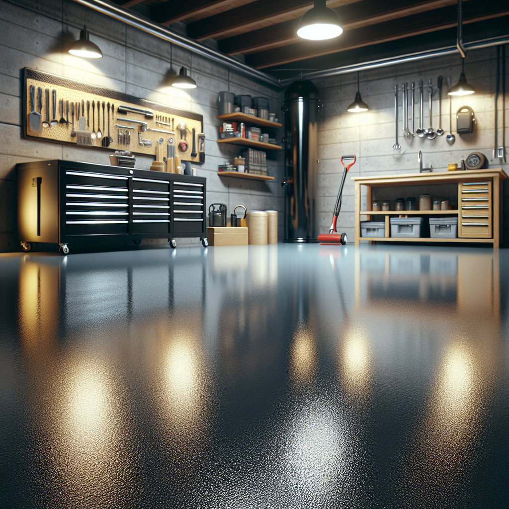 A newly coated glossy epoxy garage floor with garage elements in a realistic setting.