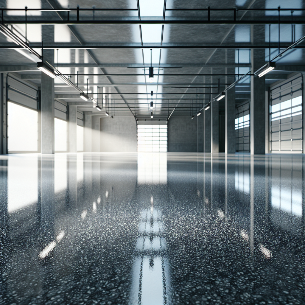 A glossy, newly installed epoxy garage floor with a high-gloss finish.