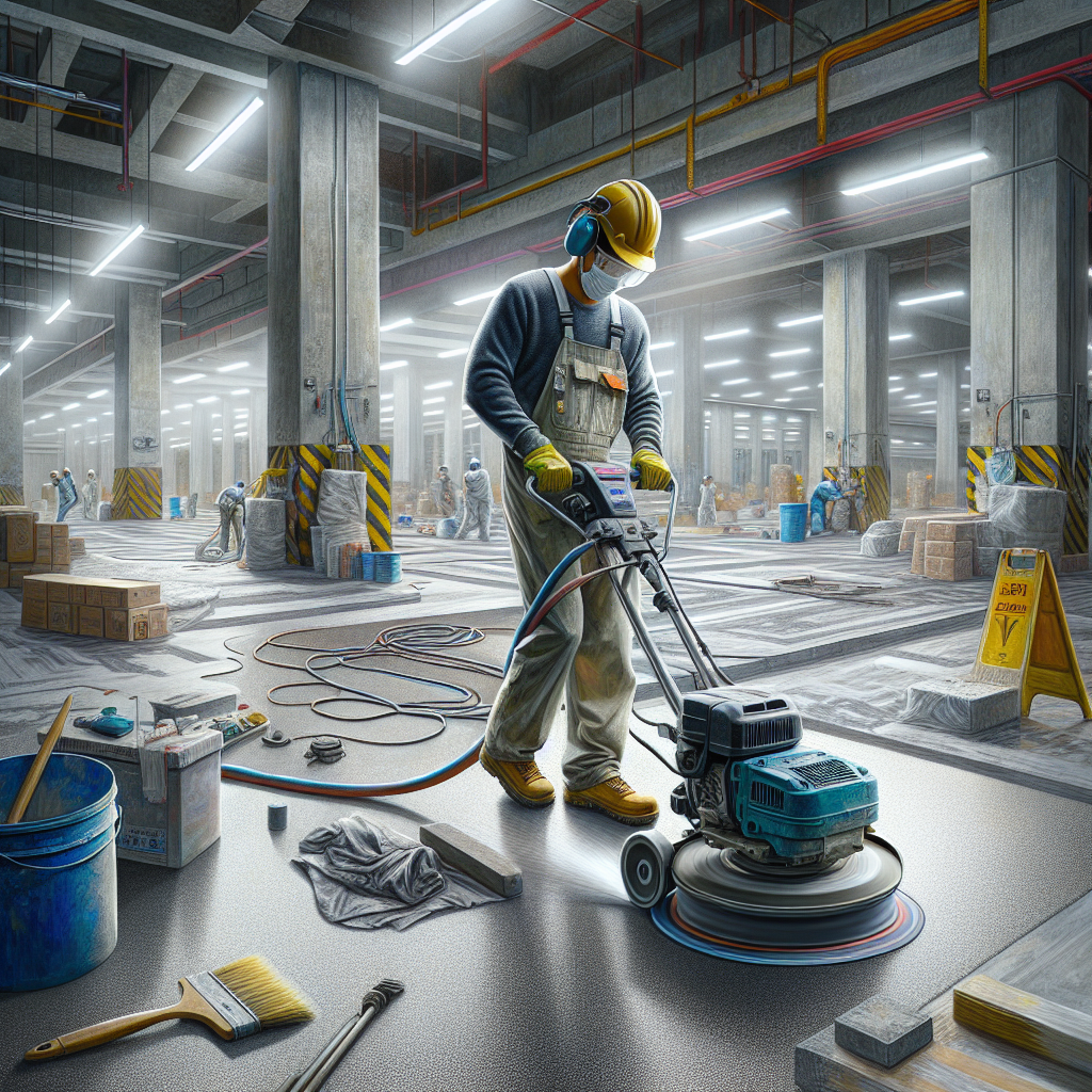 Workspace floor preparation for epoxy coating with technician and floor grinder.