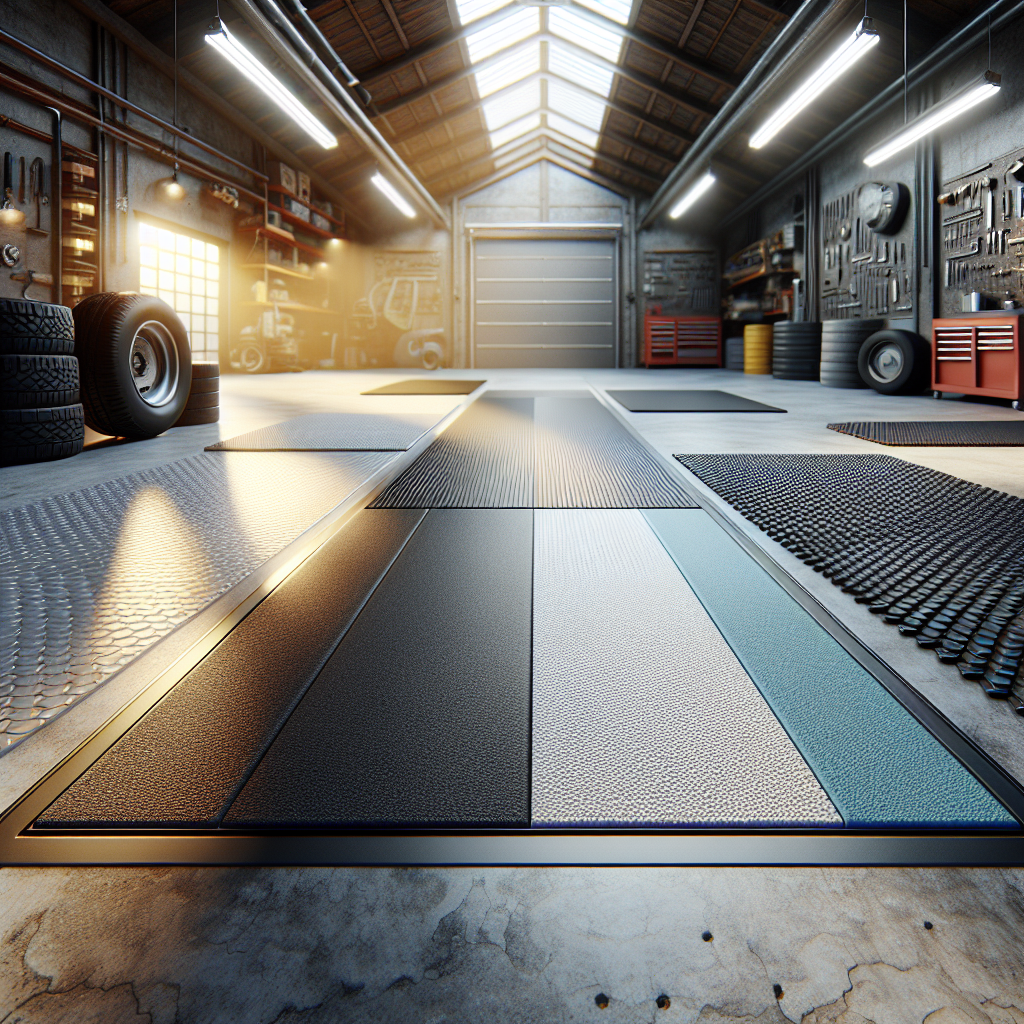 Realistic image showing different garage floor materials in a workshop setting.