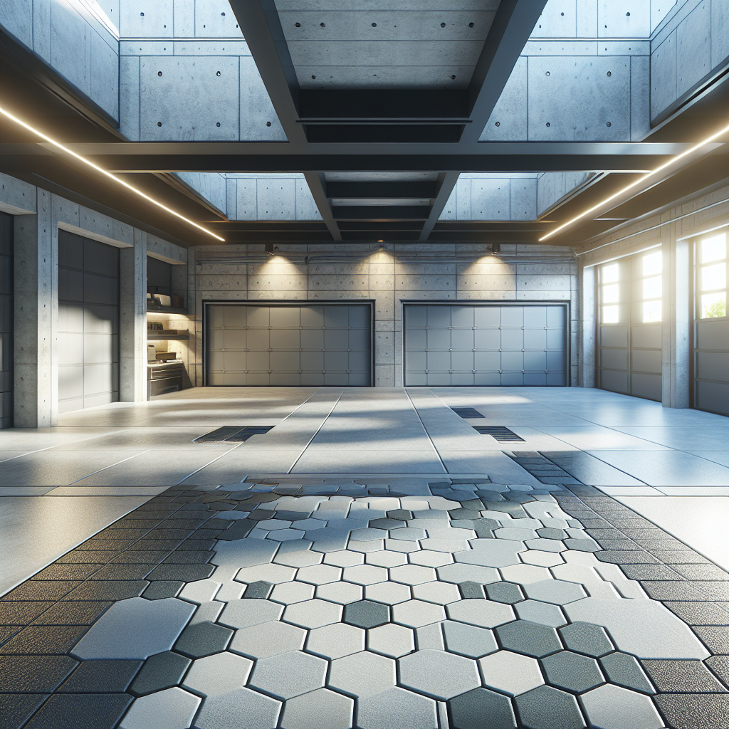 A realistic depiction of various garage floor materials like concrete, epoxy, and tiles in a modern garage setting.