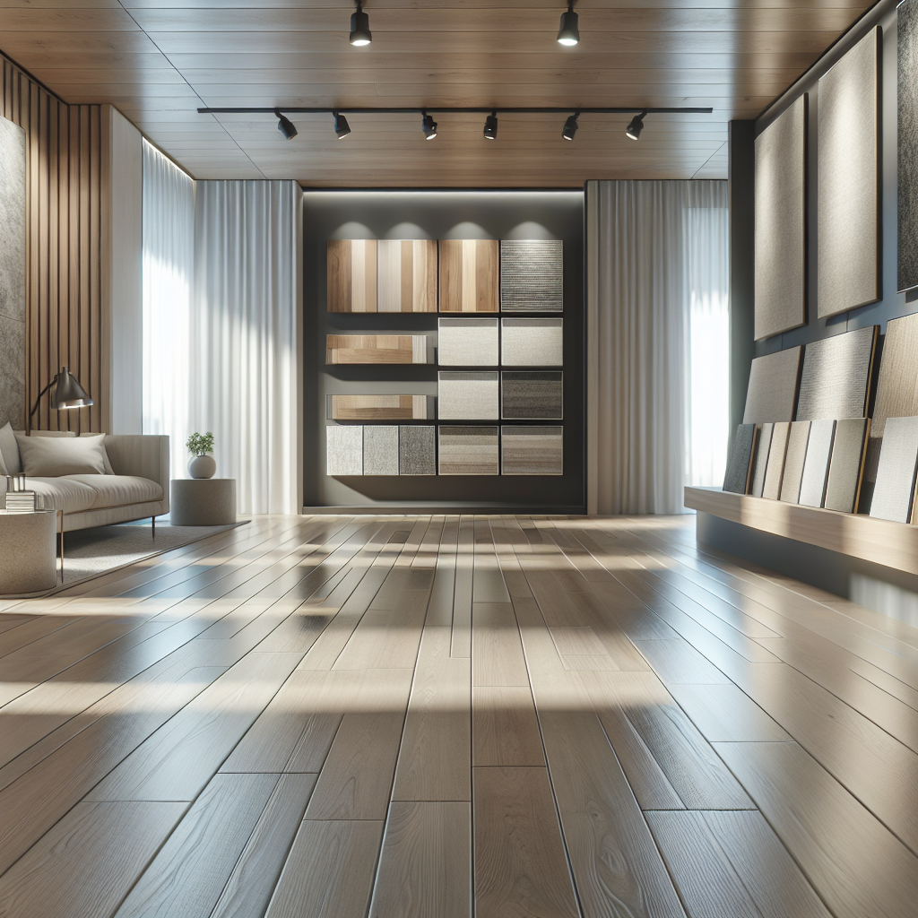 A contemporary flooring showroom with various flooring samples displayed.