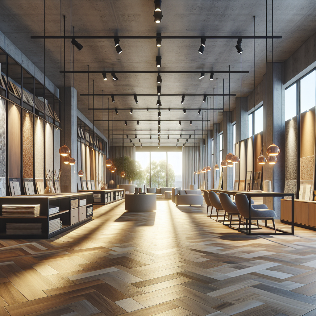 Interior of a modern flooring showroom displaying hardwood, vinyl, and tile samples with sunlight streaming in.