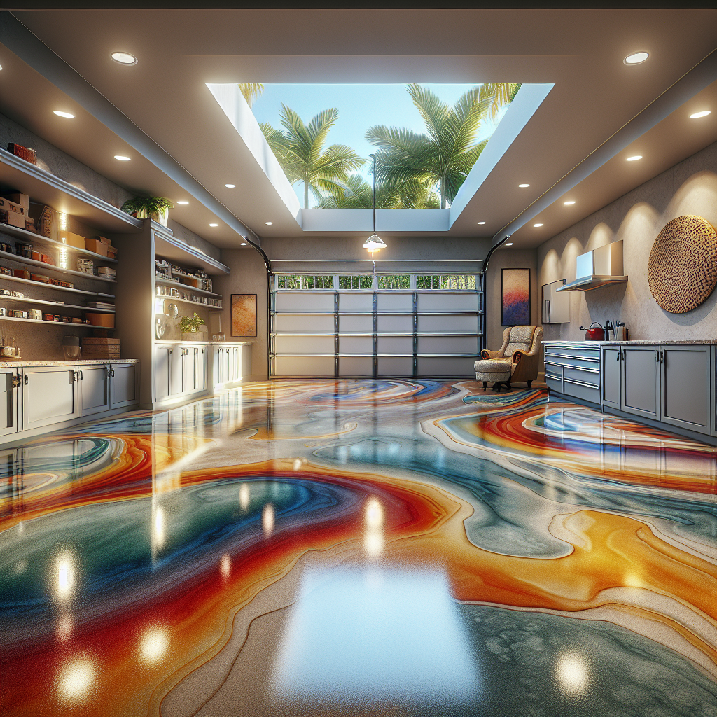 A realistic epoxy garage floor displaying a seamless, shiny surface in a garage in Fort Myers, FL.