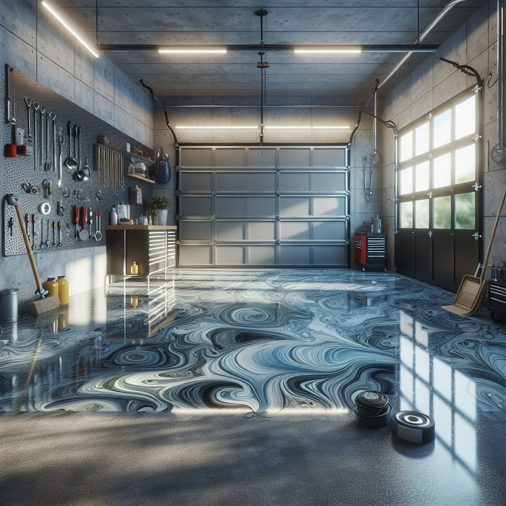 Modern garage in Fort Myers with a glossy, patterned epoxy floor.