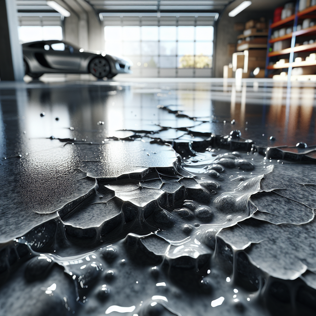 Garage floor with issues in epoxy, showing peeling, cracking, and bubbling in a realistic depiction.