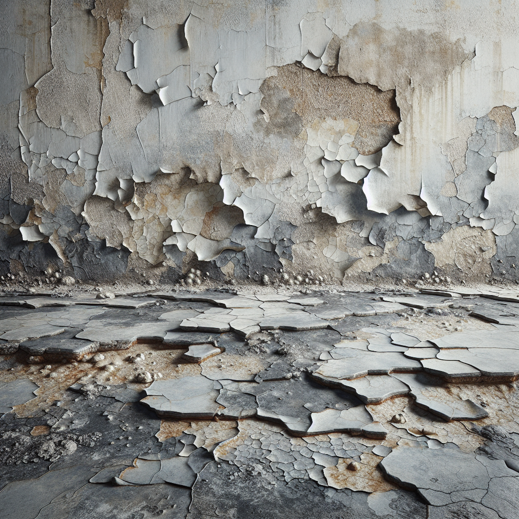 A garage floor showing peeling, cracked, and bubbling epoxy.