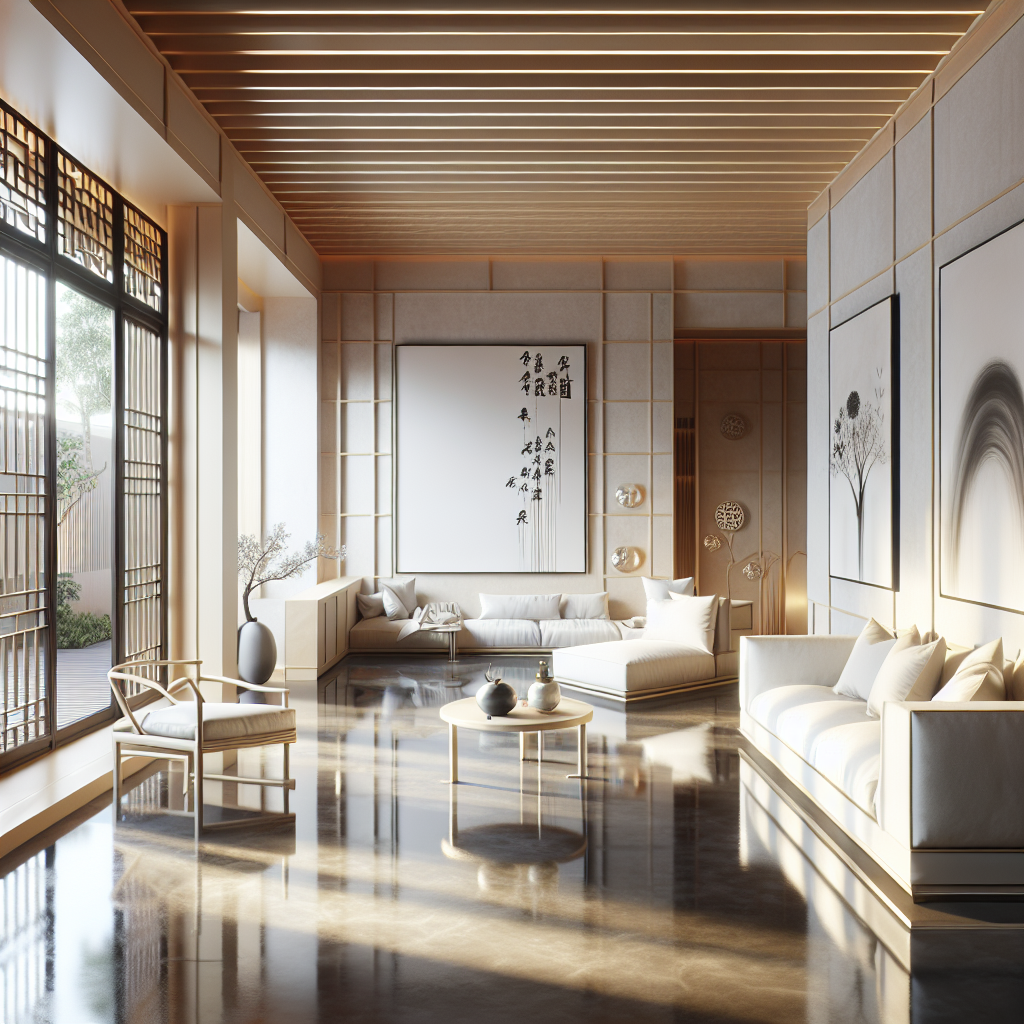 Interior of a modern Chinese home with seamless epoxy flooring and contemporary decor.