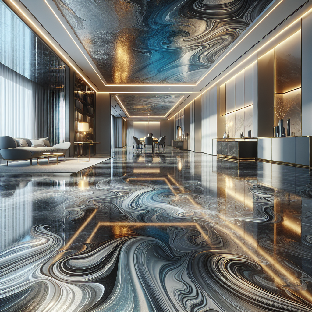 Sophisticated interior with metallic epoxy flooring resembling polished marble in silver, blue, and gold swirls.