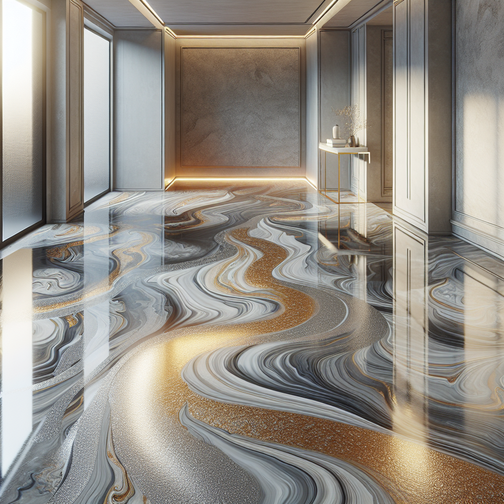 Realistic image of a metallic epoxy floor with a marbled texture in silver, gold, and copper hues in a modern room.