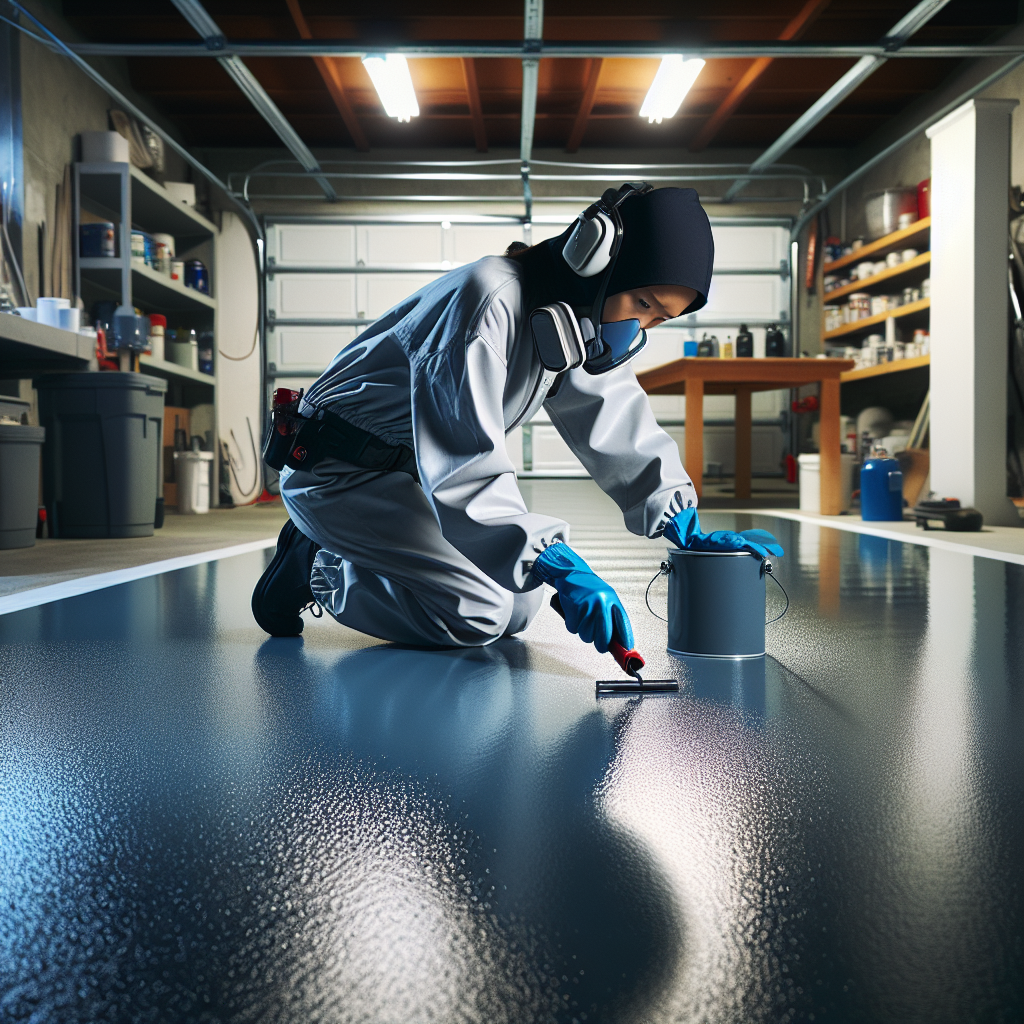 Professional applying epoxy coating to a garage floor, showcasing a glossy finish.