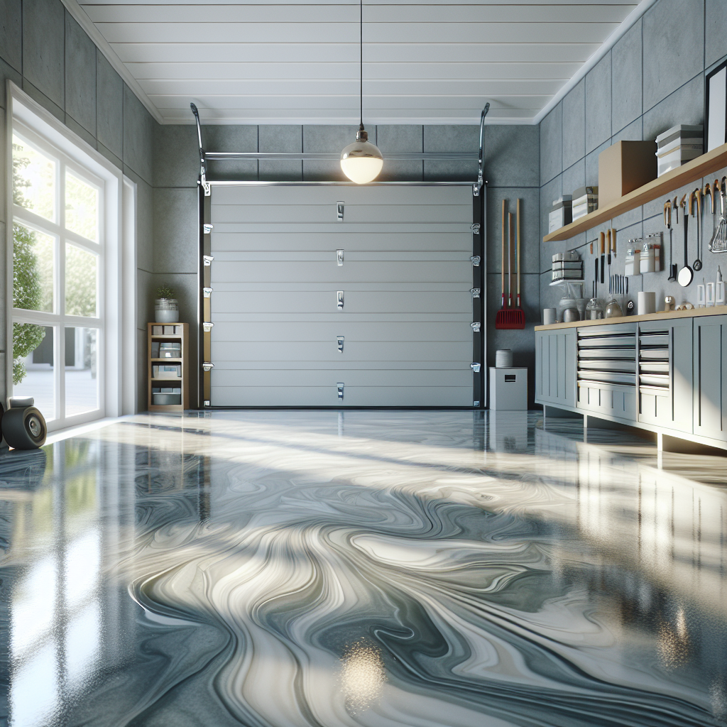 Garage floor with fresh epoxy coating, glossy and smooth, in a spacious garage.