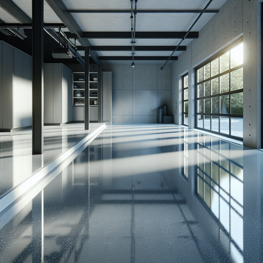 Modern garage interior with glossy grey epoxy floor reflecting daylight.