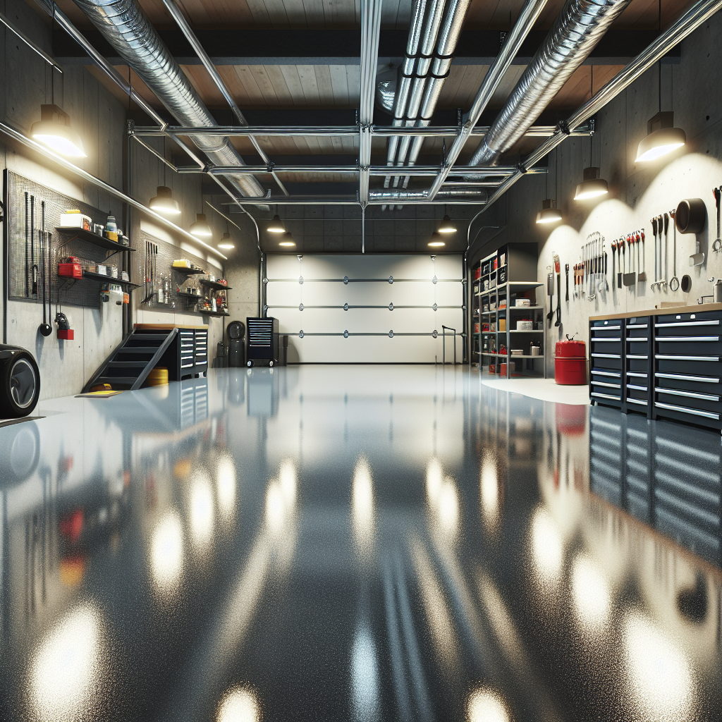 A realistic image of a garage with a glossy epoxy-coated floor, showing tools and storage racks.