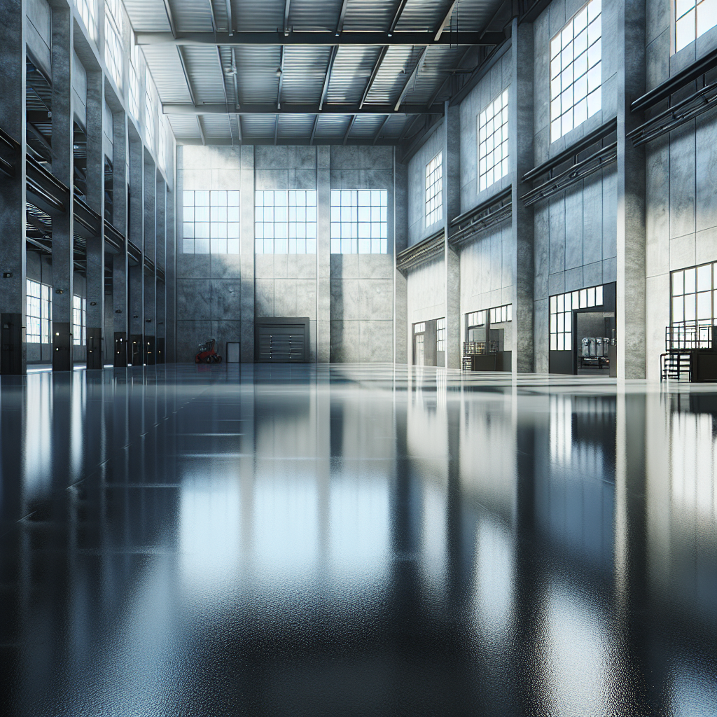 A realistic image of a glossy epoxy resin floor in a modern industrial warehouse setting.