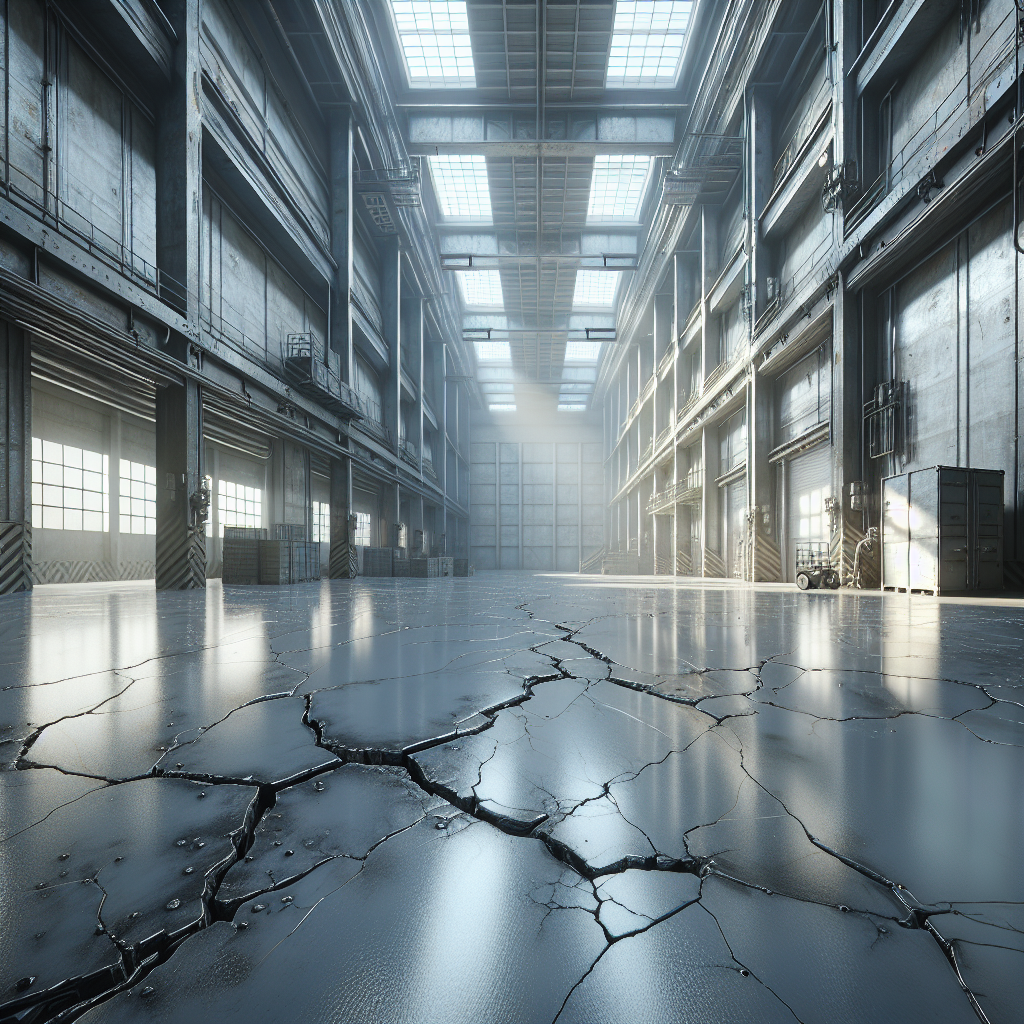 Realistic depiction of an epoxy floor with cracks in an industrial setting.