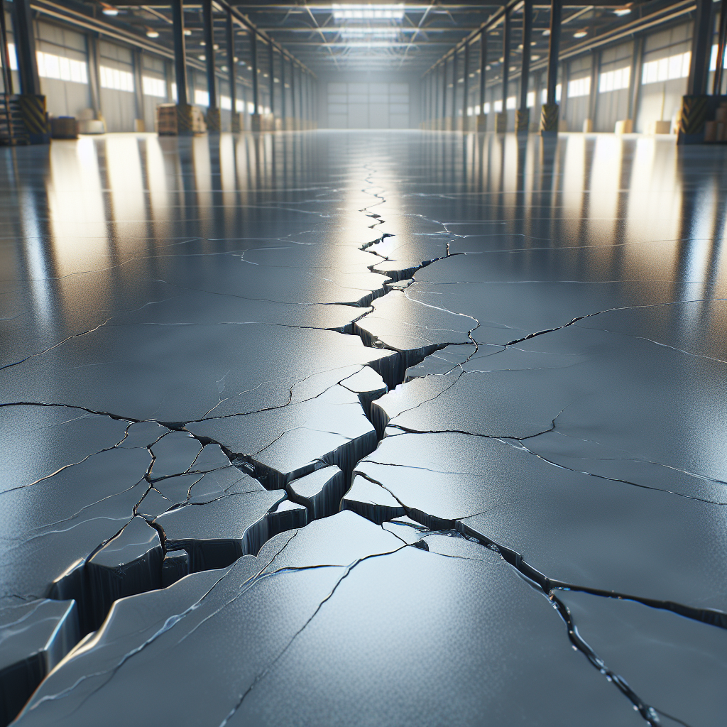 Realistic image of an epoxy floor with visible cracks in a warehouse setting.