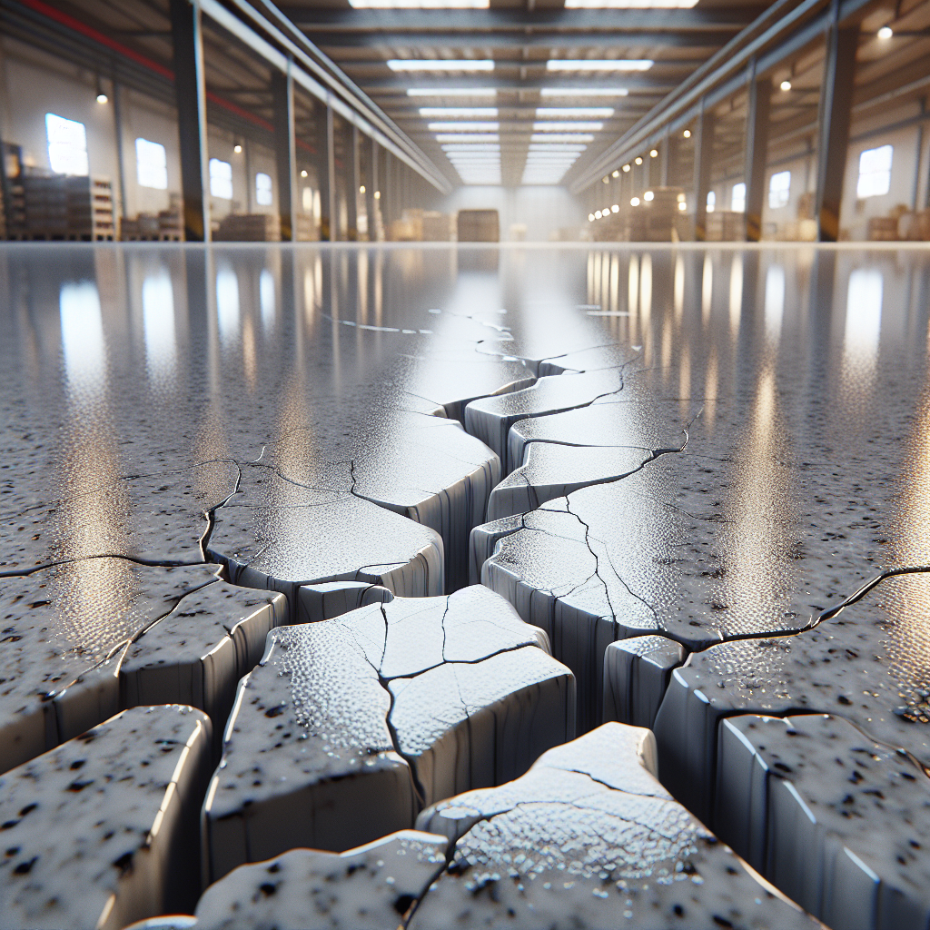 A realistic image of cracks in an epoxy floor coating in an industrial environment.