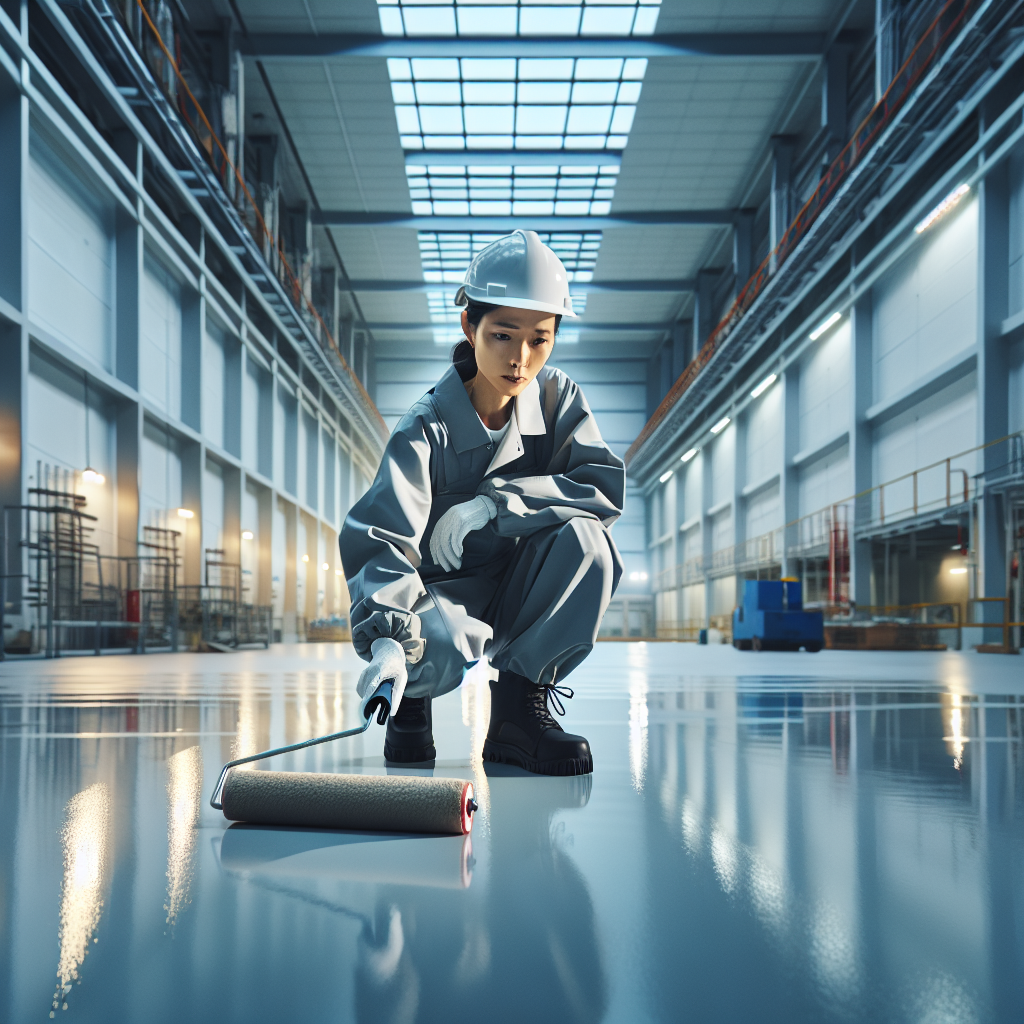 Professional worker applying epoxy flooring in a commercial space.