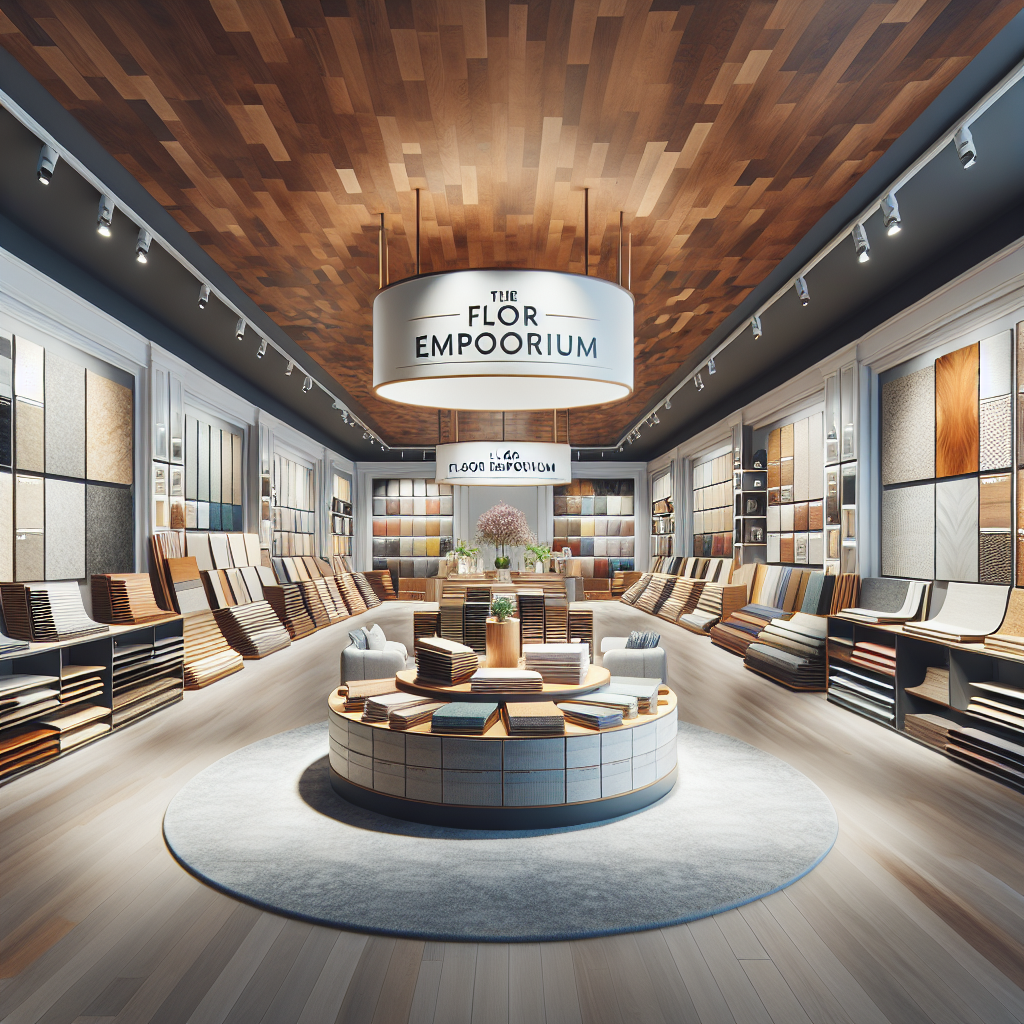 Showroom of The Floor Emporium with various flooring samples including hardwood, laminate, vinyl, and tile.