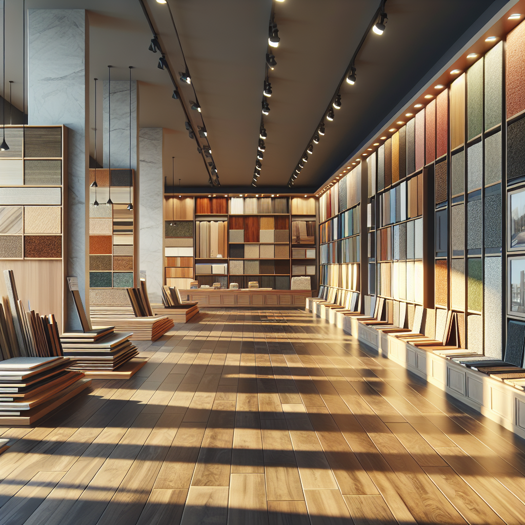 Realistic image of a modern flooring store interior with diverse flooring samples.