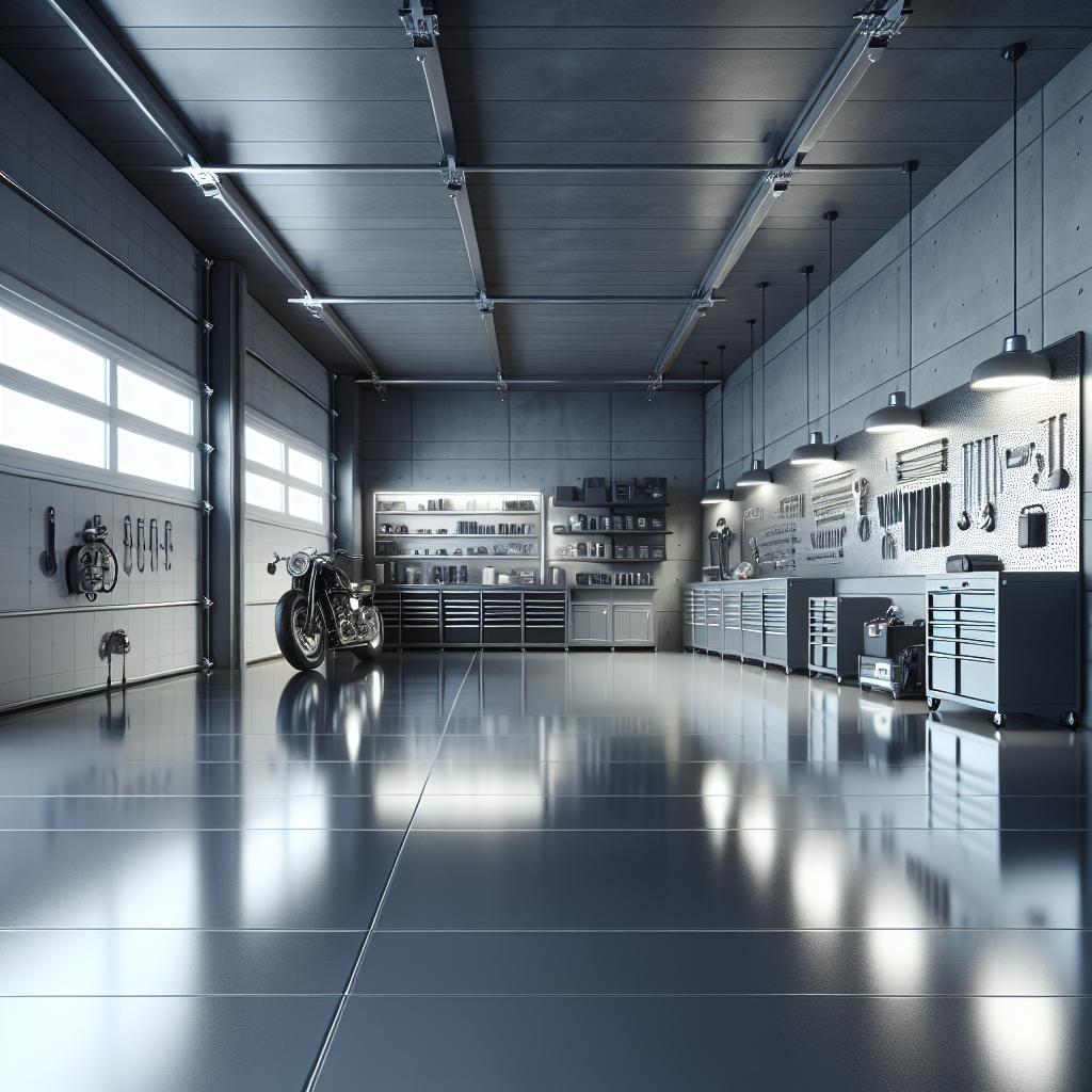 A realistic image of a modern garage with an epoxy-coated floor displaying a glossy finish.