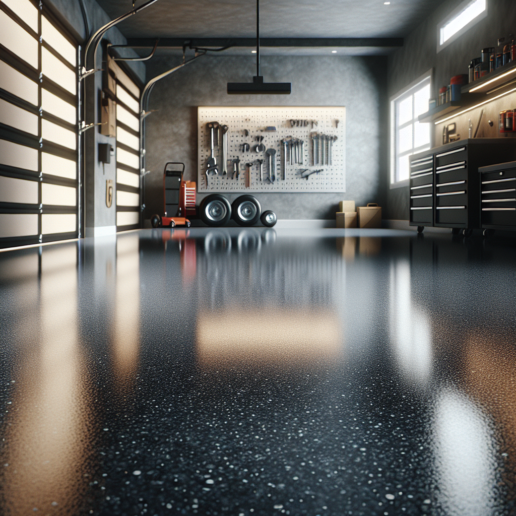 A seamless, glossy epoxy garage floor with gray and white speckles.