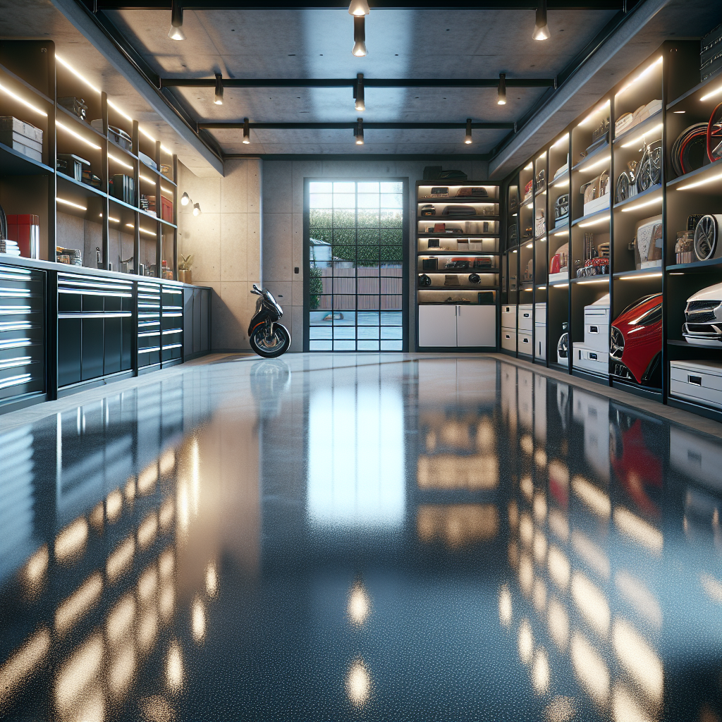 Realistic image of a glossy epoxy garage floor reflecting light.