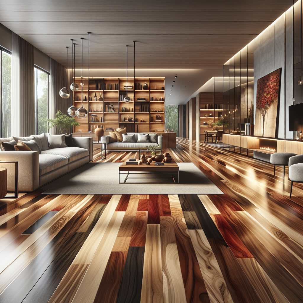 A realistic depiction of Lauzon hardwood floors with natural wood grains in a modern living room.