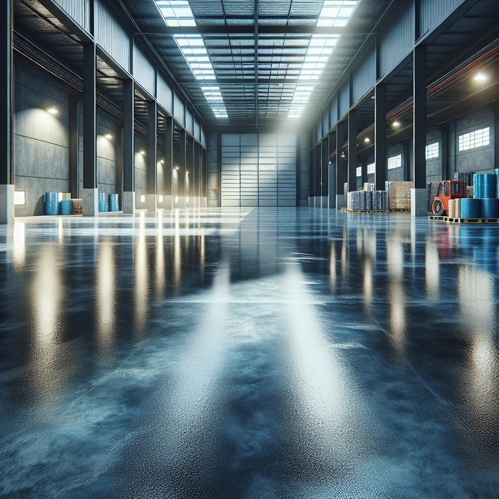 Realistic image of high-gloss epoxy floor coating in a modern industrial warehouse setting.