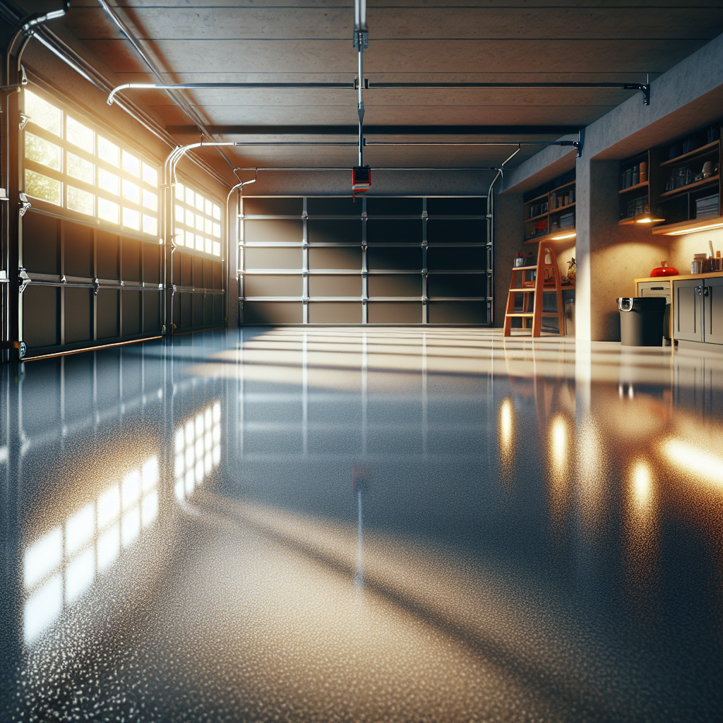 A realistic image of a glossy, newly epoxy-coated garage floor, without text.