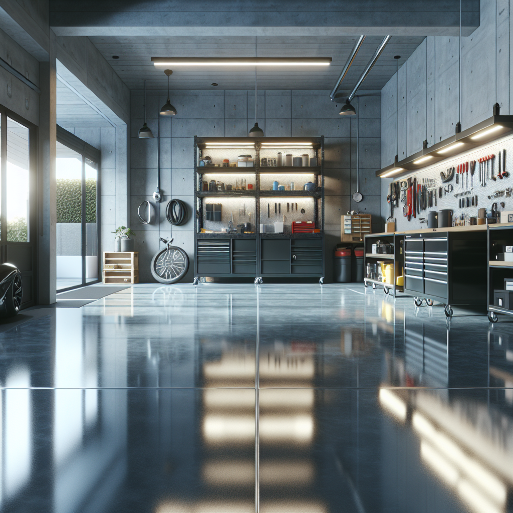 A modern garage interior with a glossy, seamless epoxy floor in a stone-grey color, reflecting natural daylight.