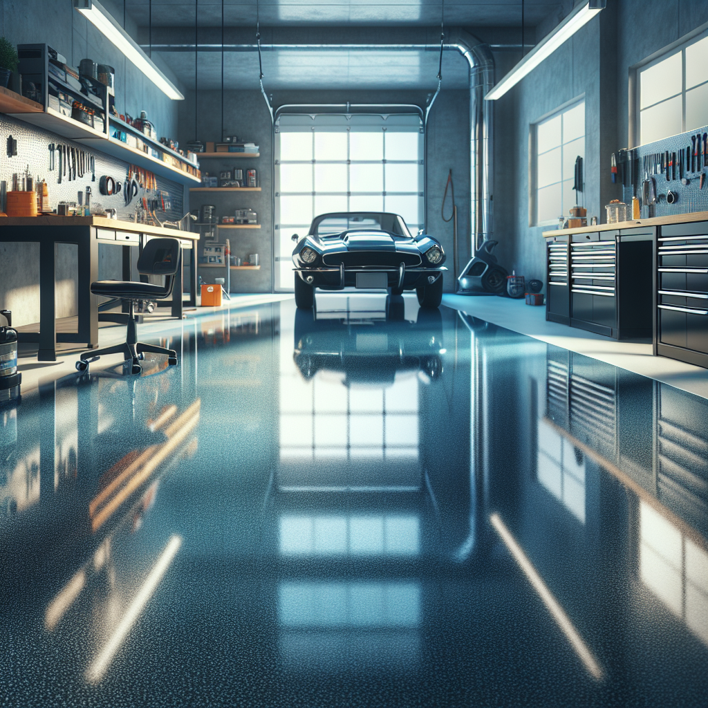 A modern garage with a high-gloss epoxy coated floor and a vehicle parked inside.