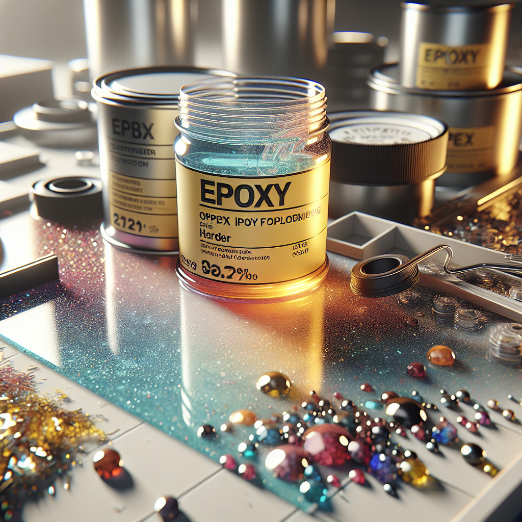 Components of epoxy flooring including resin and hardener with decorative additives.