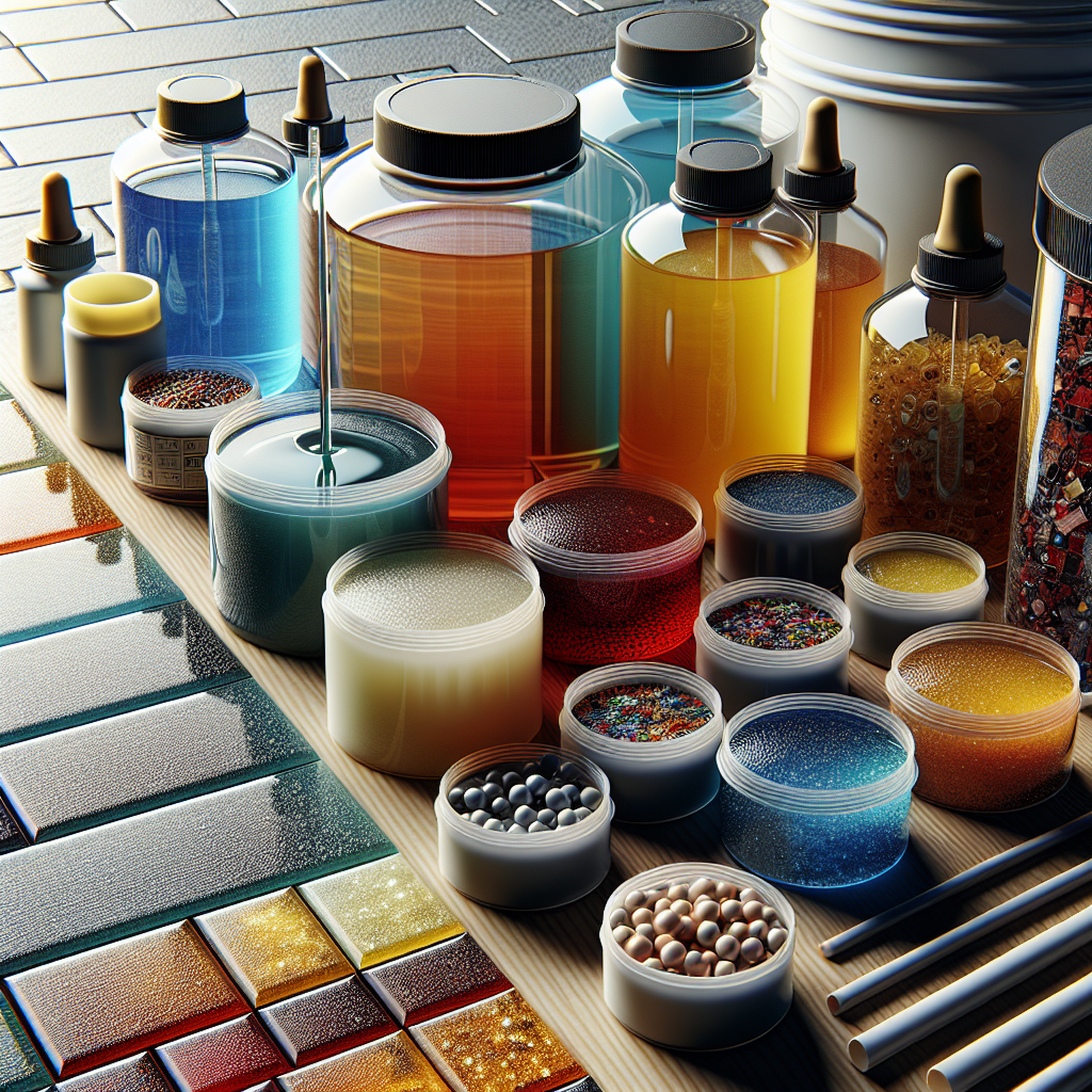 Realistic image of epoxy flooring components including resin, hardener, pigments, and decorative flakes.