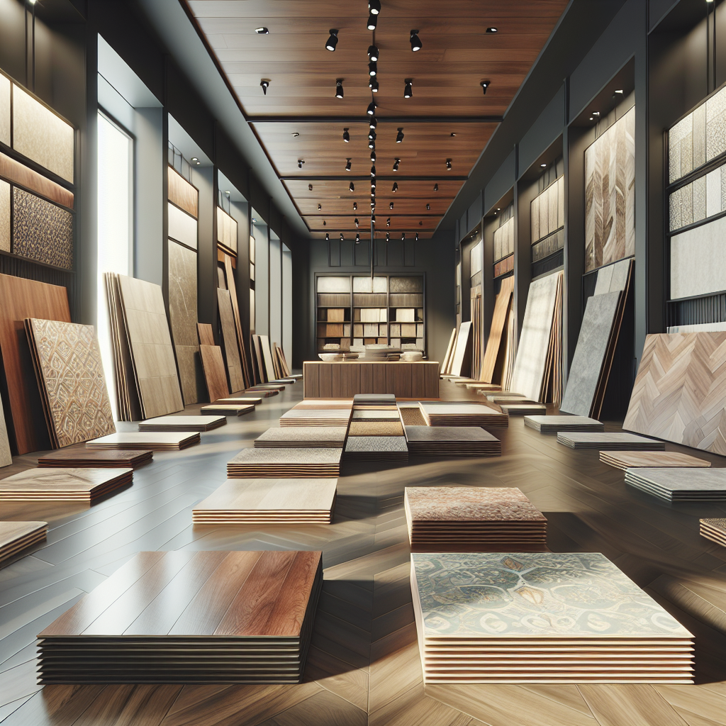 A modern flooring showroom displaying various flooring options.