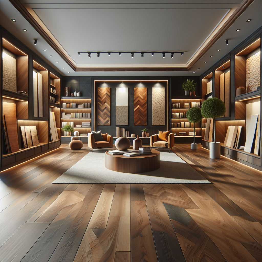 A realistic flooring showroom displaying various types of luxurious vinyl planks, hardwood, and ceramic tiles.